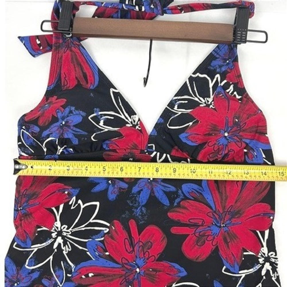 Catalina Red Floral Halter Tankini Swim Top Open Back Black Blue M 8-10 - Picture 8 of 8